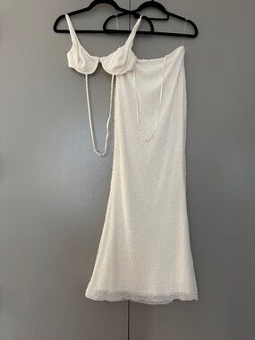 Oh Polly White Beaded Maxi Skirt + Bra Set Size 2/4